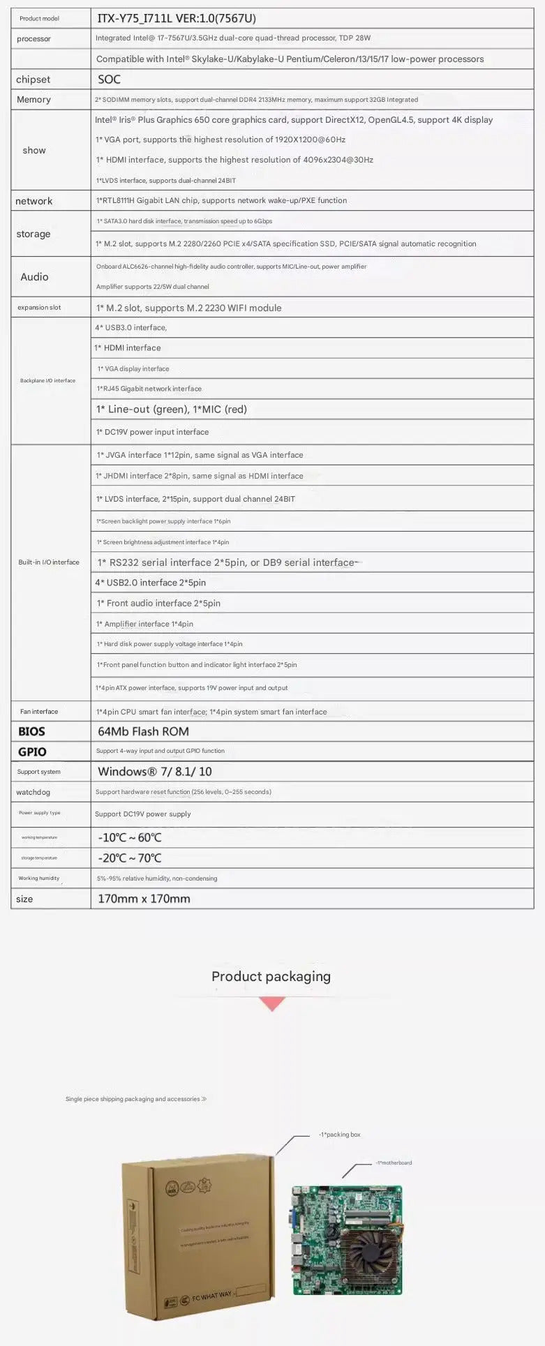 i7-7567u Mini-ITX Motherboard 7th Core Intel CPU IPC SBC Embedded Ultra-thin Mainboard with COM LAN DC-19V DDR4 LVDS EDP
