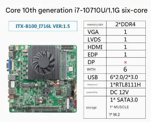 i7-10710u Mini-ITX Motherboard 10th Core Intel CPU IPC SBC Embedded Ultra-thin Mainboard with 6COM LAN DC12V DDR4 6USB LVDS EDP