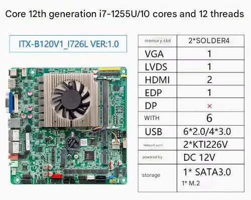 i7-1255U Mini-ITX Motherboard 12th 10Core Intel CPU IPC SBC Embedded Ultra-thin Mainboard with 6COM 2*i226 DC12V DDR4 8USB EDP
