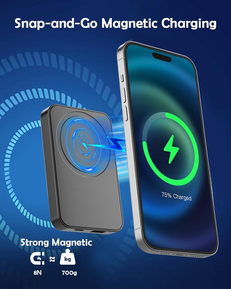 Green Springtok Digital Power Display 10000 mAh Ultra-Thin Mini Wireless Magnetic Power Bank for iPhone & Android Phones, Compact and Portable Charger Chargeable Smartphone Battery