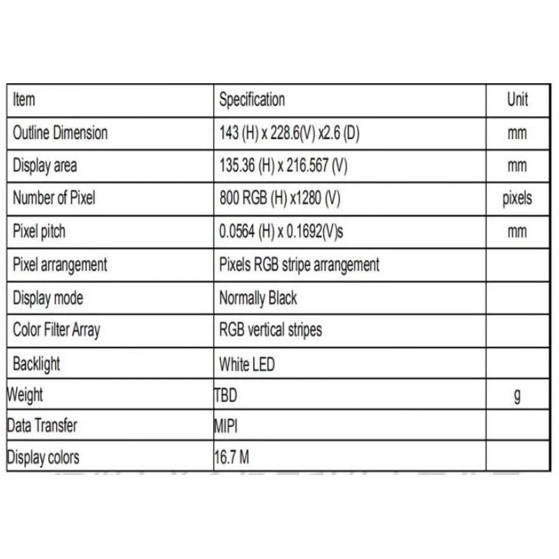 31-pin Interface a-Si TFT-LCD, LCM 800(RGB)x1280, LCD Screen WXGA 150PPI LCD Screen 10.1 Inch MIPI WLED