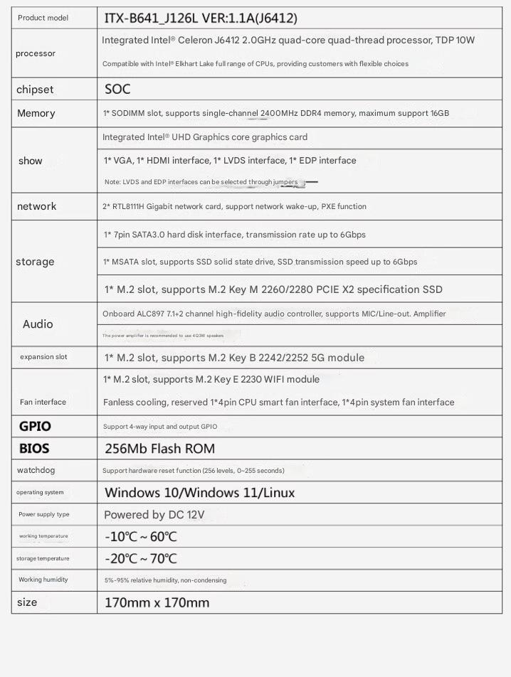 J6412 Mini-ITX 마더보드 Celeron Intel CPU IPC SBC 임베디드 팬리스 초박형 메인보드 COM LAN LPT DC-12V DDR4 EDP LVDS