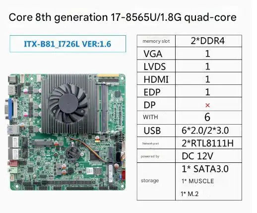 i7-8565u Mini-ITX Motherboard 8th Core Intel CPU IPC SBC Embedded Ultra-thin Mainboard with 6COM 2LAN DC12V DDR4 6USB LVDS EDP