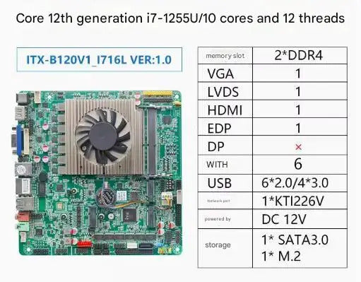 i7-1255U Mini-ITX Motherboard 12th 10Core Intel CPU IPC SBC Embedded Ultra-thin Mainboard with 6COM i226 DC12V DDR4 8USB EDP VGA
