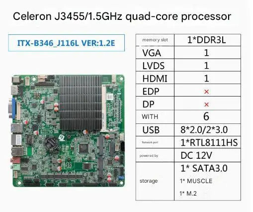 J3455 Mini-ITX Motherboard Celeron Intel CPU IPC SBC Embedded Fanless Ultra-thin Mainboard with COM LAN LPT DC-12V DDR3L LVDS
