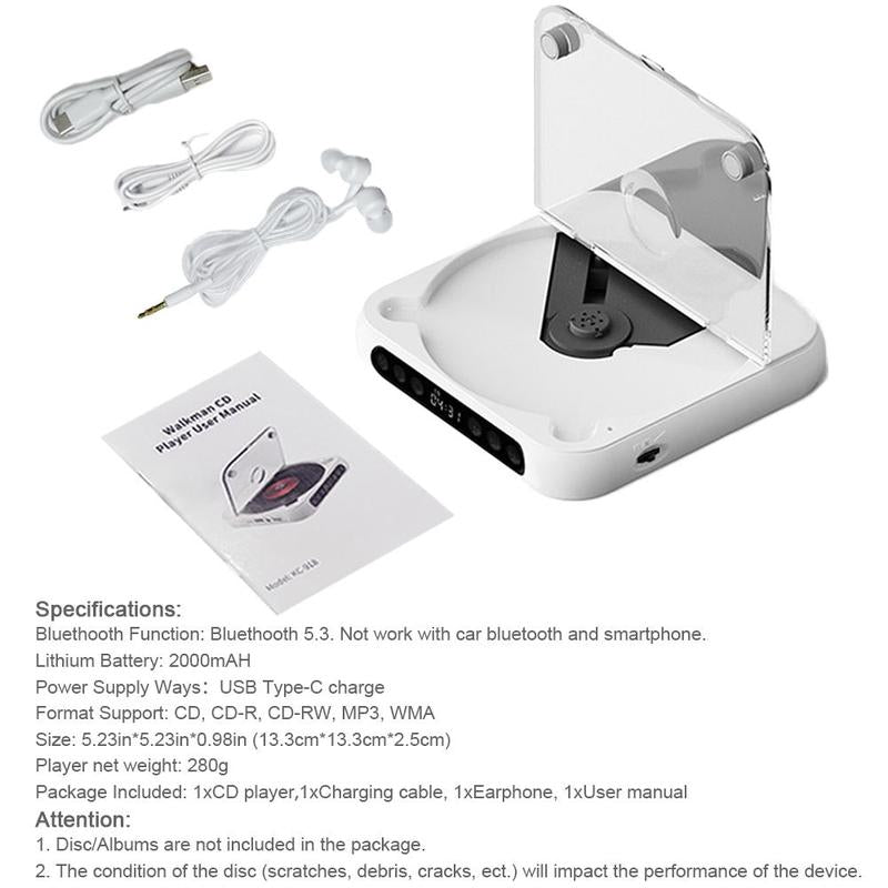 MEGICOT Portable Bluetooth-compatible CD-Player, Multifunction Rechargeable CD-Player with LED Display, Portable Speakers for Home, Outdoor & Car, CD Music Player, CD DVD Player, Portable Media Player