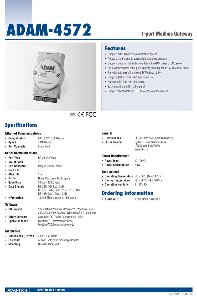 ADAM-4572-CE 1 Port Modbus Data Gateway 8 Clients Simultaneously Access Field Data