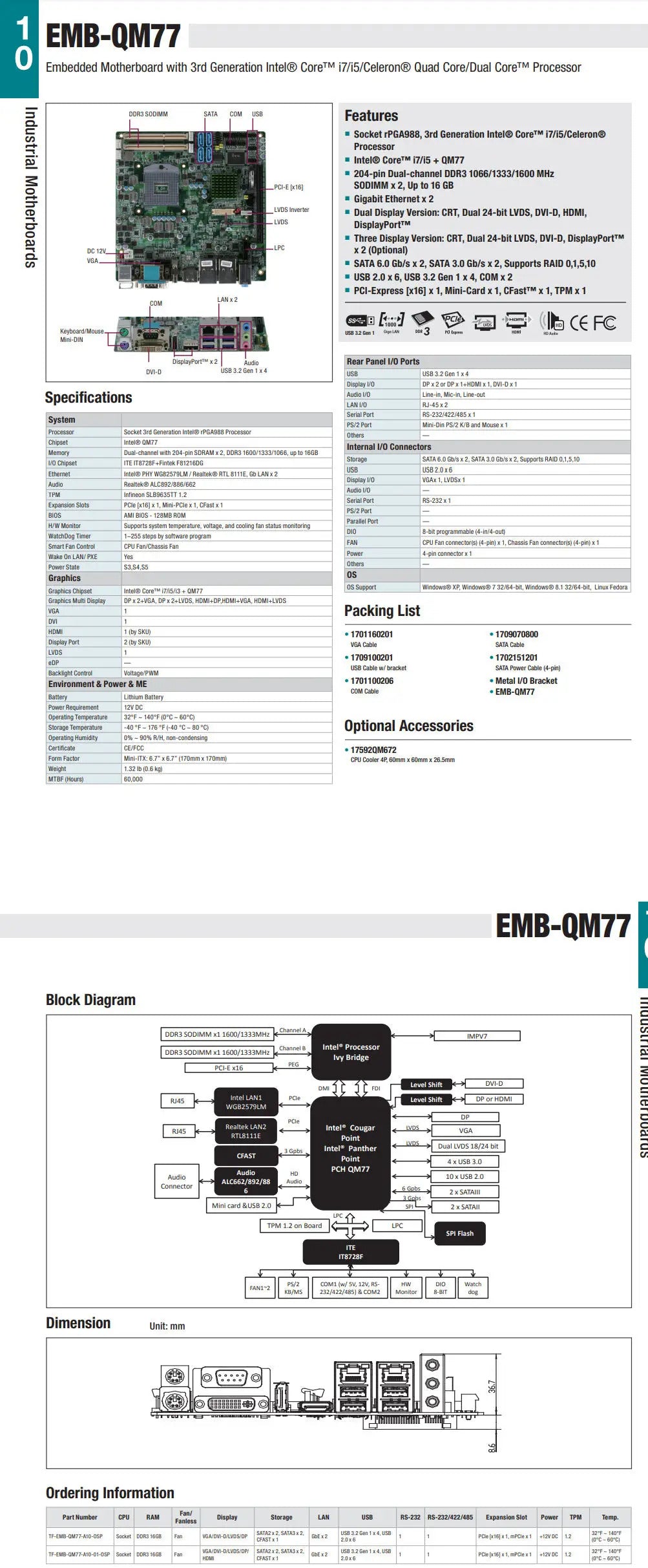 EMB-QM77 REV A1.0 100% OK Original Brand  Industrial Motherboard EMB-QM67 Mainboard EMB-QM77 with i7-2710QE SR02T CPU RAM 6*COM