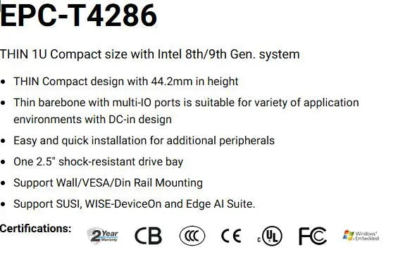 EPC-T4286 Embedded Industrial Computer Mini Industrial PC 8/9th CPU 1U Size with 6COM 6USB 3LAN DC-12V DDR4 DP M.2