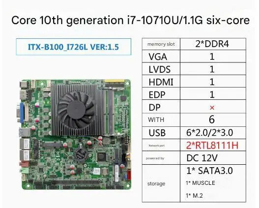 i7-10710u Mini-ITX Motherboard 10th Core Intel CPU IPC SBC Embedded Ultra-thin Mainboard with 6COM 2LAN DC12V DDR4 6USB LVDS EDP