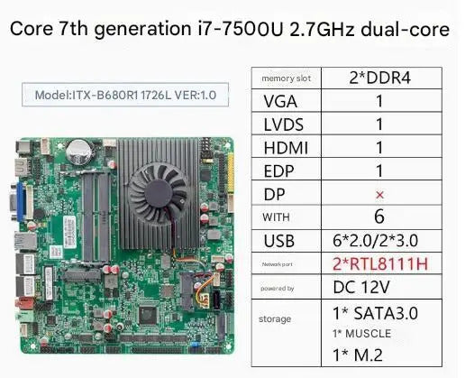 i7-7500u Mini-ITX Motherboard 7th Core Intel CPU IPC SBC Embedded Ultra-thin Mainboard with 6COM 2LAN DC12V DDR4 8USB LVDS EDP