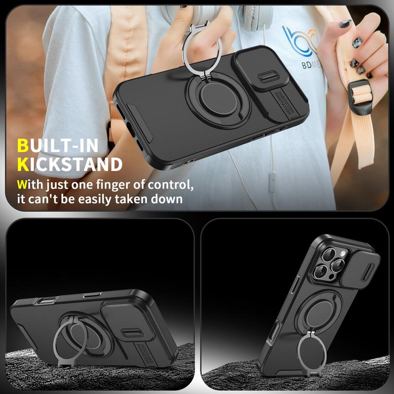 For iPhone 16 Pro Max 15 14 13 12 11 Magnetic Ring Stand Case w/Slide Lens Cover 360 Rotated Ring Kickstand Holder Military Grade Shock proof Slide Camera Protective Cover Phone Case