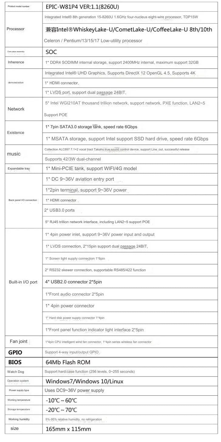 i5-8260U 4 inch Motherboard 4" SBC IPC Mainboard industrial with Quad Core DC-9~36V 2-COM 5xGbE POE LAN LVDS