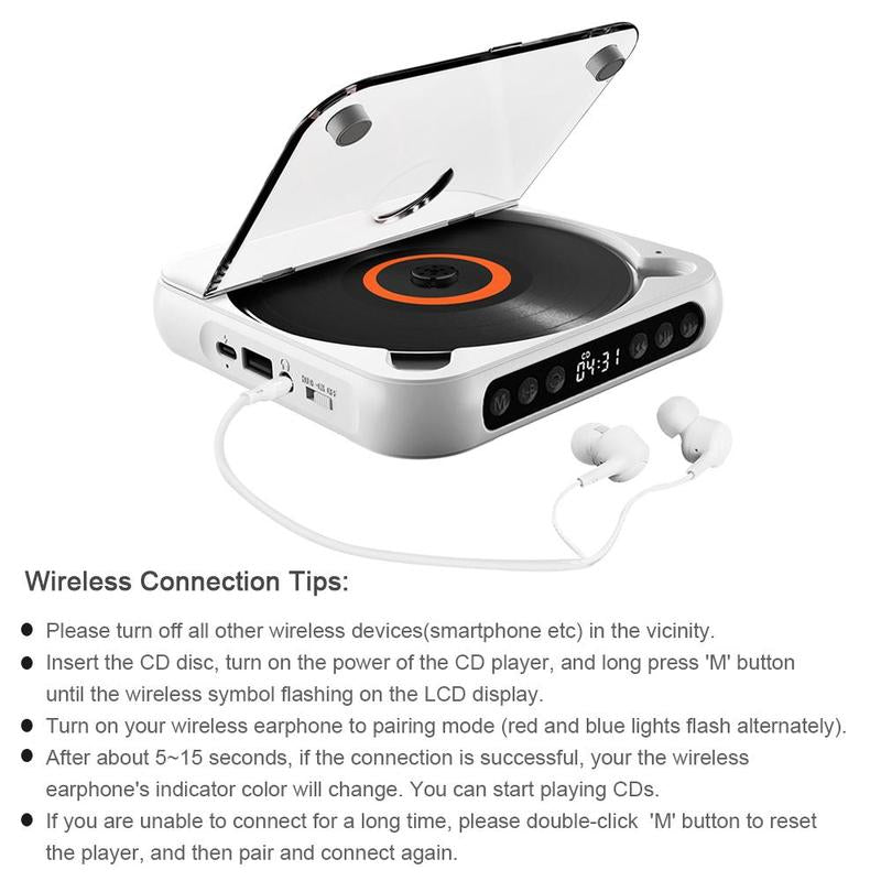 MEGICOT Portable Bluetooth-compatible CD-Player, Multifunction Rechargeable CD-Player with LED Display, Portable Speakers for Home, Outdoor & Car, CD Music Player, CD DVD Player, Portable Media Player