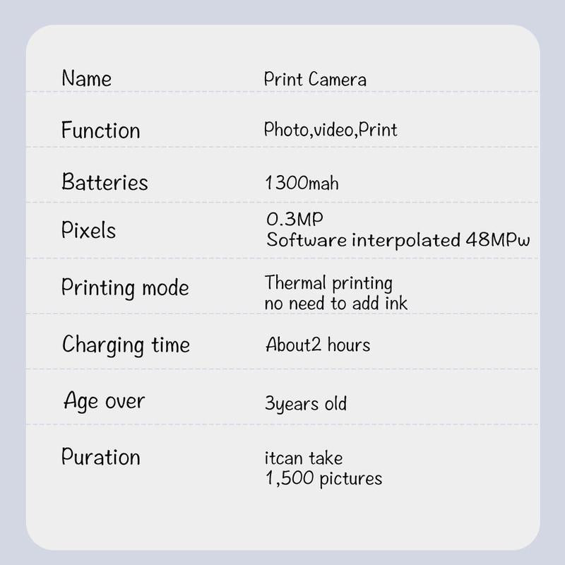 Instant Camera, Portable Camera, Digital Camera, Multifunctional 1080P HD Dual-Camera Kids Instant Print Camera, Includes Storage Card & Thermal Paper Roll, Birthday Gift