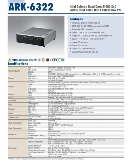ARK-6322 Fanless Embedded Industrial Computer Mini Industrial PC Quad-core J1900 SoC with VGA 6COM 8USB 2LAN DC-12V