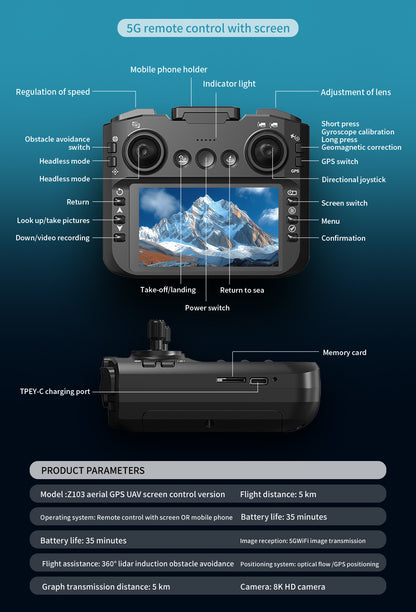 Cross-Border Z103Drone Remote Control Belt4.51-inch Screen Brushless Motor HD Aerial Photography GPS Positioning Remote Control Drone