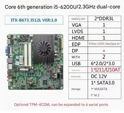 i5-6300u i7-6500u Mini-ITX Motherboard Core CPU IPC SBC Embedded Fanless Ultra-thin Mainboard with COM LPT PS/2 DC12V DDR3L LVDS