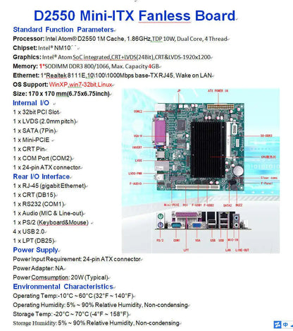 New Original Fanless Mini ITX Mainboard For Intel Atom D2550 CPU IPC SBC Embedded Motherboard Cedarview with 2*COM LAN LPT LVDS