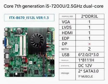 i5-7200u Mini-ITX Motherboard 7th Core Intel CPU IPC SBC Embedded Ultra-thin Mainboard with 2COM LAN DC12V DDR3L 6USB LVDS VGA