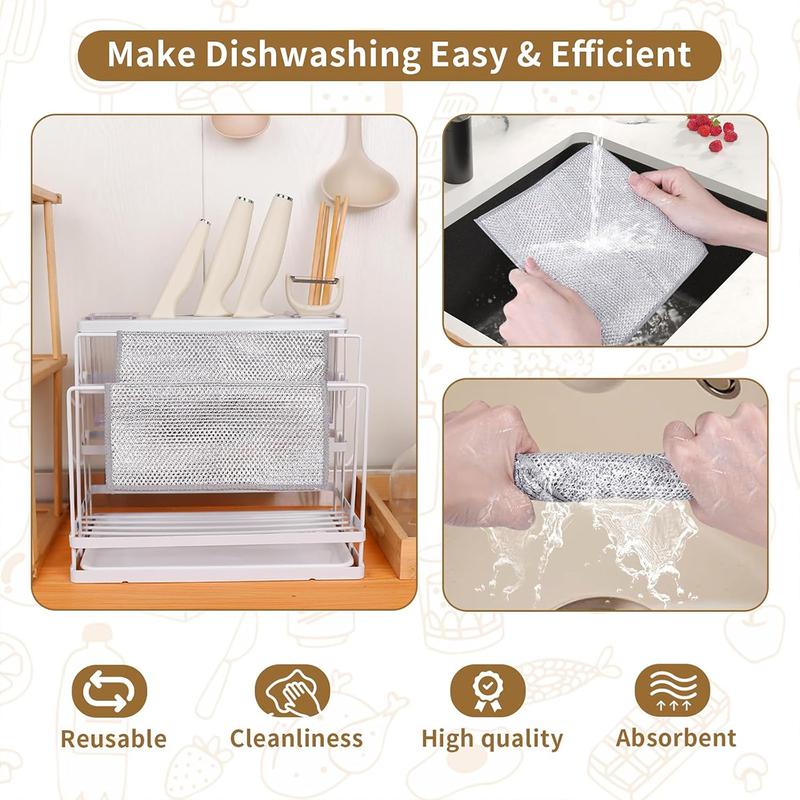 【Freeship】12-Pack Dishwashing Rags, Multipurpose Non-Scratch Wire Dishcloths for Wet and Dry Use,Reusable Wire Cleaning Cloths for Kitchen, Sinks.and Pans Silver Removable, Washable & More