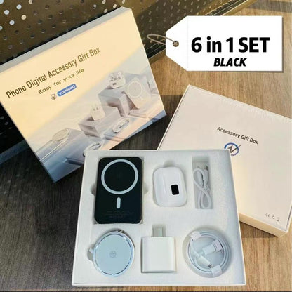 6-in-1 Magnetic Charging and Bluetooth  earphones Kit: MagSafe battery pack, Fast Charge, MagneticPower Bank, Wireless Charger, Type-C toLightning Cable, Adapter & Audio Support,Compact & Portable