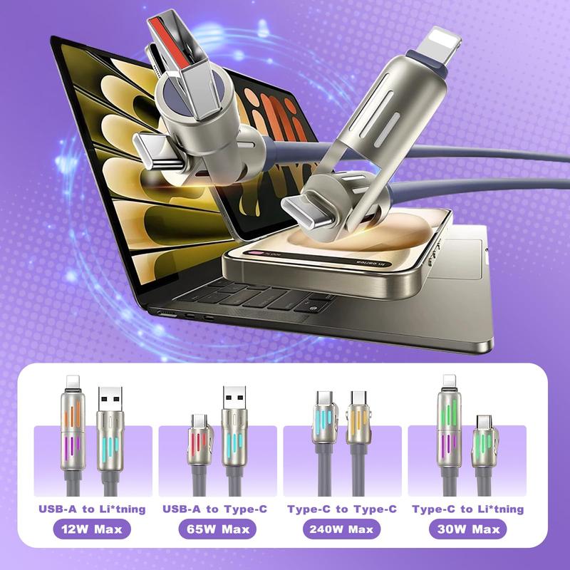 [Buy 1 Get 1 Free] 6.6ft  4-in-1 Multi USB Charging Cable with USB A,Type C,Lightning-MAX240W Fast Charging & Data Sync for iPhone16/15,iPad Pro, Samsung & Laptops fast charger usb cable 4-in-1 fast Breathing Light  -max 1 usb-c data 4 1 charging cable