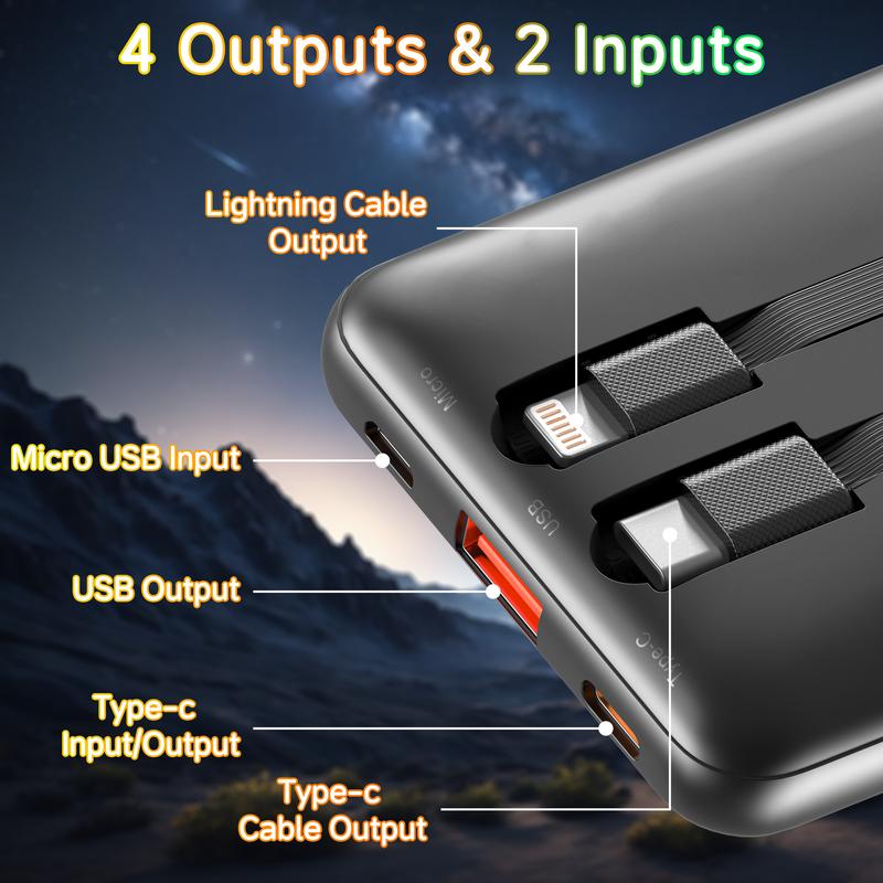 Portable Charger with Built-in Wires, 22.5W Fast Charge Power Bank, 10000mAh Slim Battery Pack for iPhone, Samsung, LG, Google Pixel, iPad