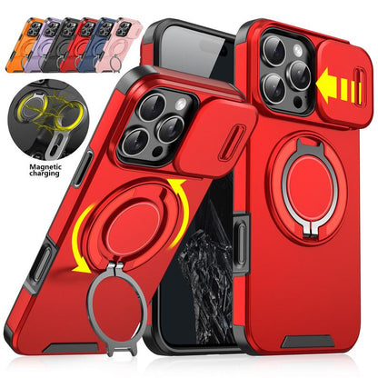 For iPhone 16 Pro Max 15 14 13 12 11 Magnetic Ring Stand Case w/Slide Lens Cover 360 Rotated Ring Kickstand Holder Military Grade Shock proof Slide Camera Protective Cover Phone Case