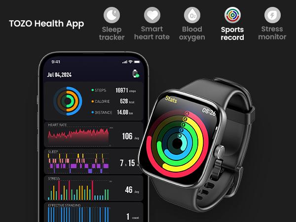 TOZO S7 Smartwatch Bluetooth Call 1.85”AMOLED Ultra HD Screen,Dynamic Dials Messages Push 100+ Sports Modes,Detect Human Health (Heart Rate,Blood Oxygen)with High Battery Life Touch Screen Watch Black