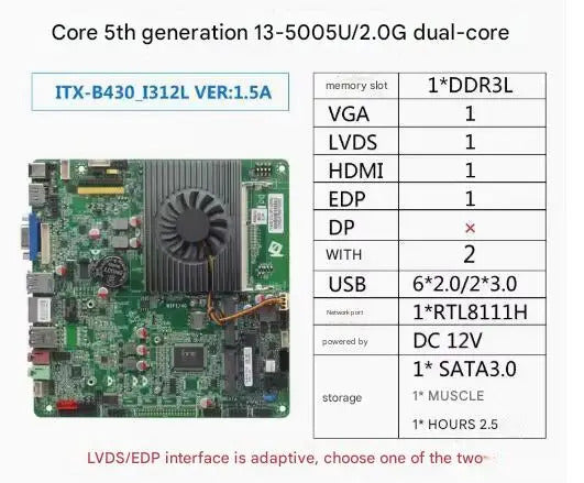 i3-5005u Mini-ITX Motherboard 4th Core Intel CPU IPC SBC Embedded Ultra-thin Mainboard with 2COM LAN DC-12V DDR3L 6USB LVDS EDP