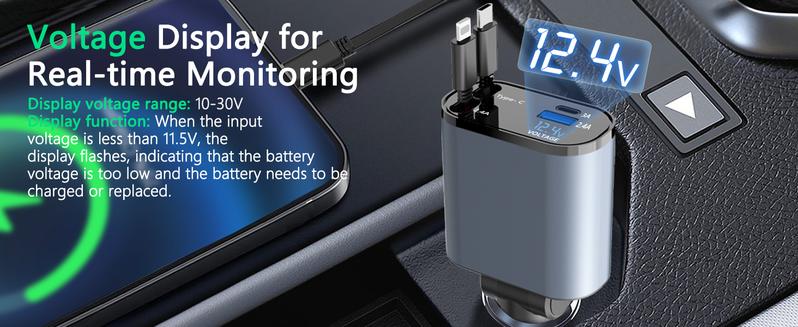 4 in 1 Retractable Car Charger, USB C Fast Charging Adapter[Max100W] with Lightning Cable&Dual Charge Port Compatible with iPhone 15/14/13 Pro Max Plus/iPad/AirPods,Samsung Galaxy S23/S22/S10