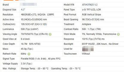 AT043TN24V.7 AT043TN25V.2 4.3-inch Original LCD Display Screen
