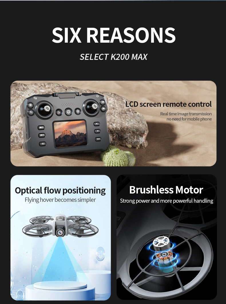 Cross-Border K200 Drone Brushless with Screen Aerial Photography Aircraft Optical Flow Positioning Color Light Full Protection Remote Control Plane