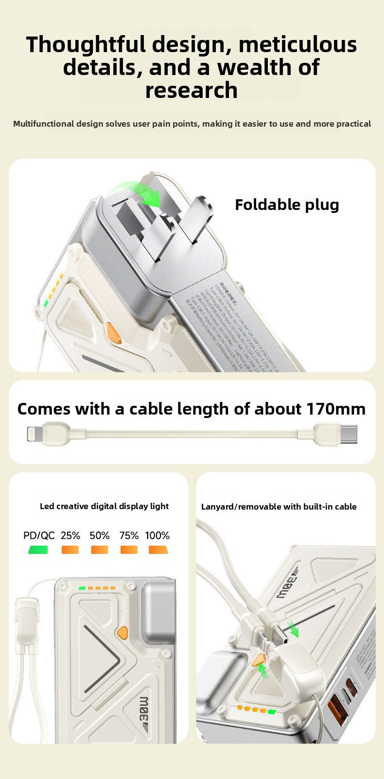 Power Bank AC Power Bank 35W Fast Charging with Built-in Cable Portable Power Supply Magnetic Wireless Charging Stand Multi-Function
