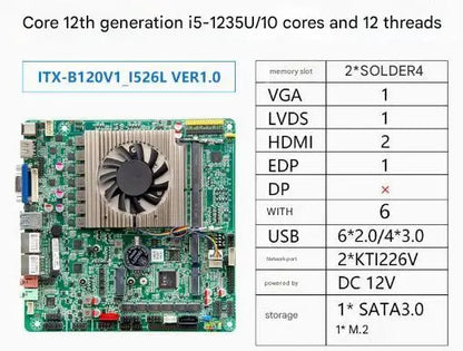 i5-1235U Mini-ITX Motherboard 12th 10Core Intel CPU IPC SBC Embedded Ultra-thin Mainboard with 6COM i226 DC12V DDR4 8USB EDP VGA