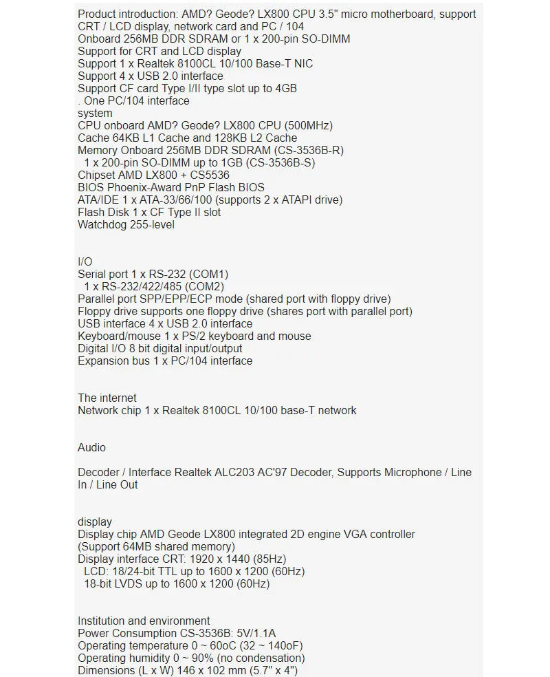 LX800 3.5" Motherboard New Original CS-3536B-R R1.0 Embedded PC 104 Industrial Mainboard PC/104 ISA Geode CPU onboard 256MB RAM