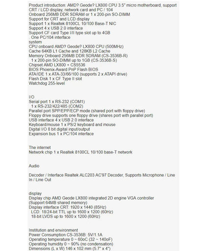 LX800 3.5" Motherboard New Original CS-3536B-R R1.0 Embedded PC 104 Industrial Mainboard PC/104 ISA Geode CPU onboard 256MB RAM