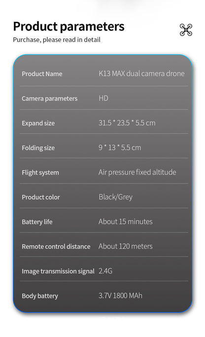 Cross-Border K13MAX Foldable Drone HD Dual Camera Aerial Photography Altitude Hold Quadcopter Remote Control Aircraft Drone