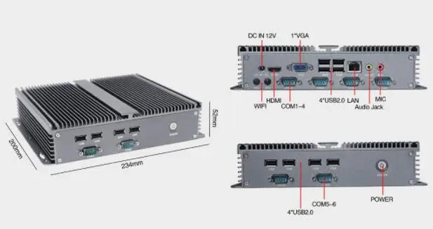 J1900 Embedded Computer IPC Fanless Mini Industrial BOX PC For Intel CPU 6*COM \ 1 Giga LAN \ VGA \ 2G RAM \ Barebone 12V