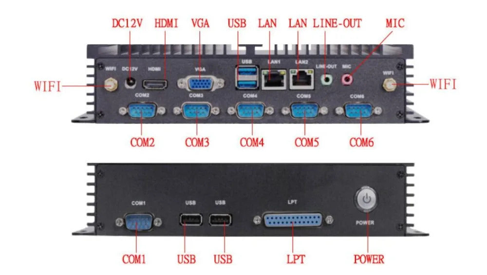 Embedded Fanless Industrial Mini BOX PC For Intel J1800 J1900 i5-3317U-5200U i3-4010U-7100U i7-6500U 64GB SSD 6*COM Barebone 12V