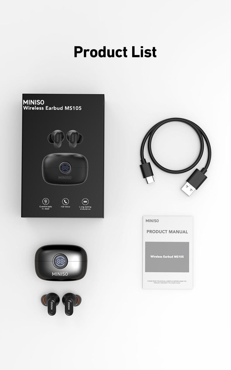 MINISO MS105 Wireless Earbuds Bluetooth 6.0 Earphones, In Ear Earbuds,Waterproof Wireless Earphones, Suitable for Office, Sports, Study and Audio Calls, Built in Microphone, Gaming Bluetooth Headphones