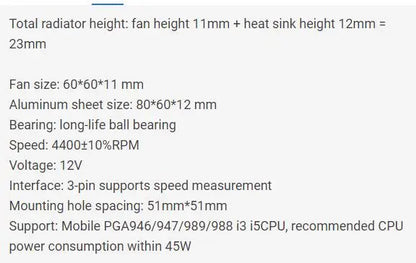 PGA946 PGA947 PGA988 PGA989 mobile i3 i5 i7 CPU cooler FAN thickness 23mm hole spacing 51mm 1U Box