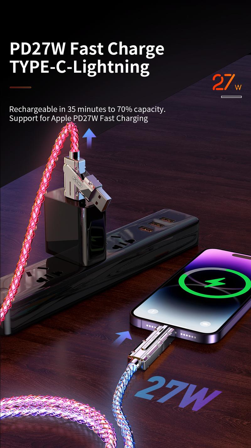 【Mother's Day Gift】Four-in-One 100W Colorful lights Data Cable,Supports fast charging and data transmission,Free switching four interfaces, Luminous Durable