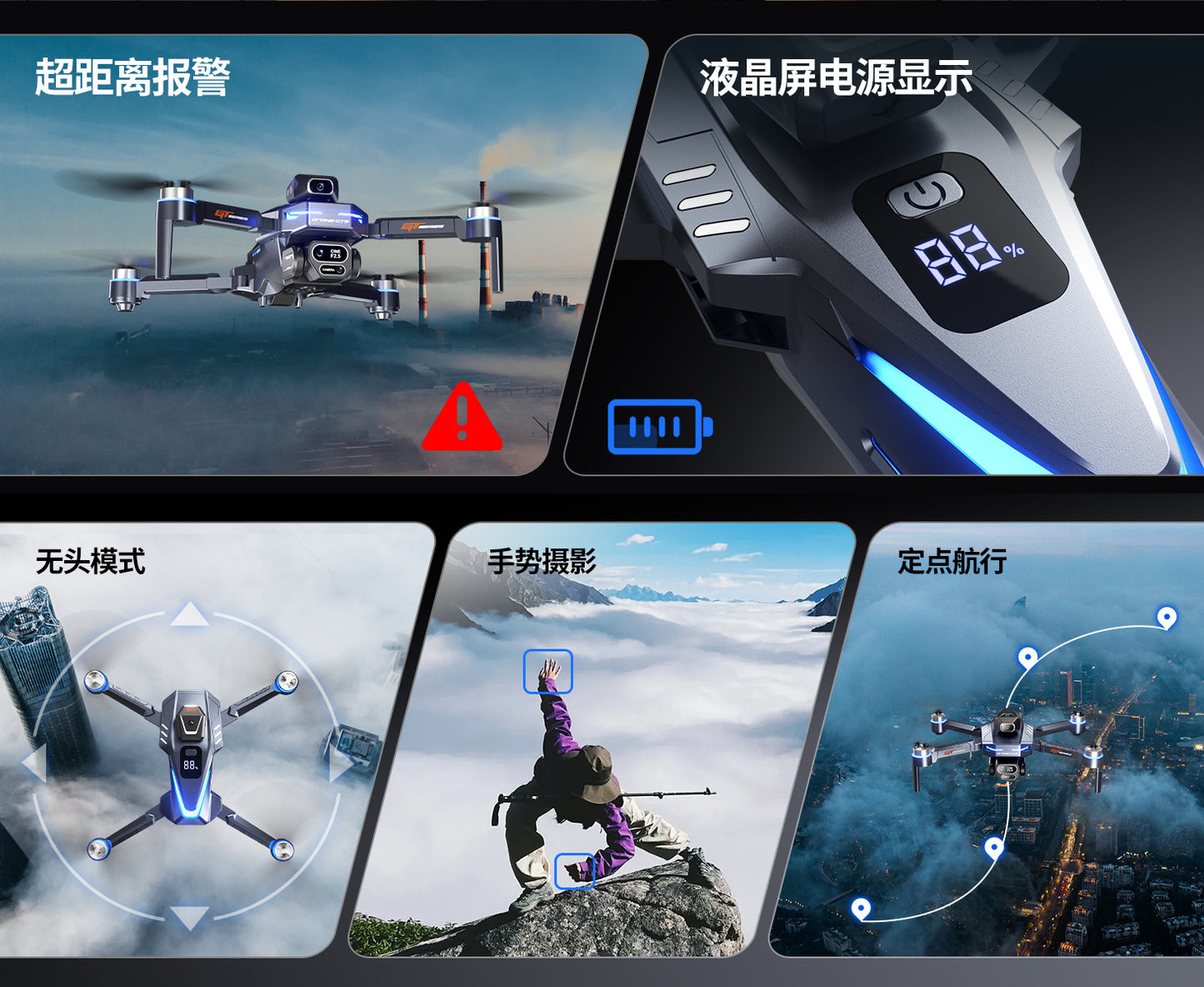 Cross-border Drone GT8Three-Camera Aerial Photography Four-Axis Flight Power Display Over-Distance Reminder Remote Control Toy Airplane