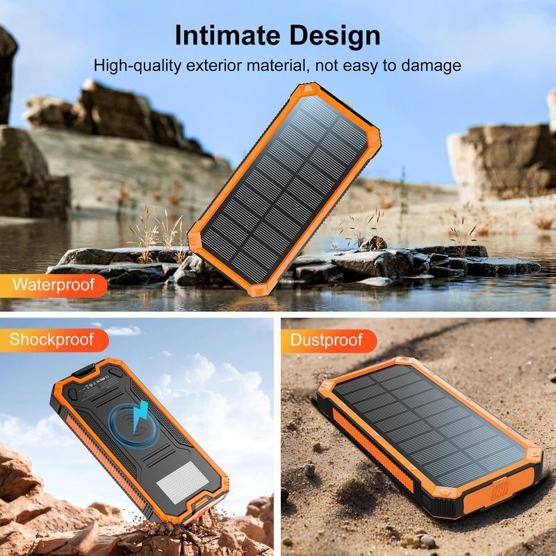 20000mAh Portable Wireless Power Bank, Solar Power Bank Charger for iPhone & Android & Samsung, Dual USB-A Output, USB-C Fast Charging, Smartphone Chargeable , External Battery Pack with Dual Flashlight for Camping
