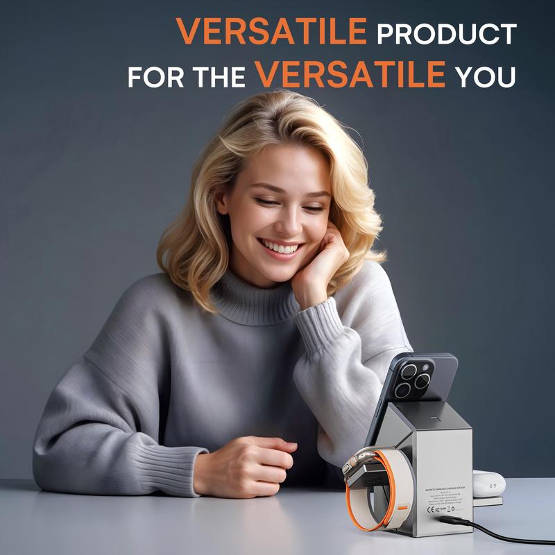 Three in one wireless charger, fast charging, Qi2 certified, suitable for iPhone, iWatch, AirPods headphone charging stations, touch pop-up charging, easy to carry wireless charger,Wireless Multi-Device Charging touch pop-up charging,Gifts,Mother's Day