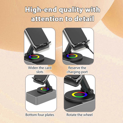 Wireless Audio Bluetooth Speaker 5in1 Phone Holder Emergency Rechargeable withColorful Ambient Light 300° Foldable for Tablet iPhone Android, Gifts for Men Women ，Black