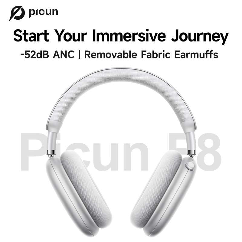 Picun F8 Pro Wireless Headphones - 52dB Noise Cancellation, 5 Smart ENC Mics, Detachable Fabric Ear Cushions, 140 Hour Long Battery Life,  Premium Audio Seamless Dual Device Connection for All-Day Use and Boosted Productivity Bluetooth