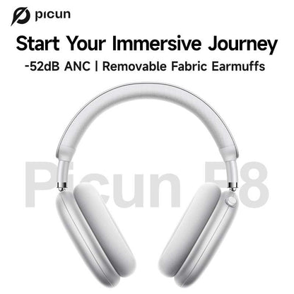 Picun F8 Pro Wireless Headphones - 52dB Noise Cancellation, 5 Smart ENC Mics, Detachable Fabric Ear Cushions, 140 Hour Long Battery Life,  Premium Audio Seamless Dual Device Connection for All-Day Use and Boosted Productivity Bluetooth